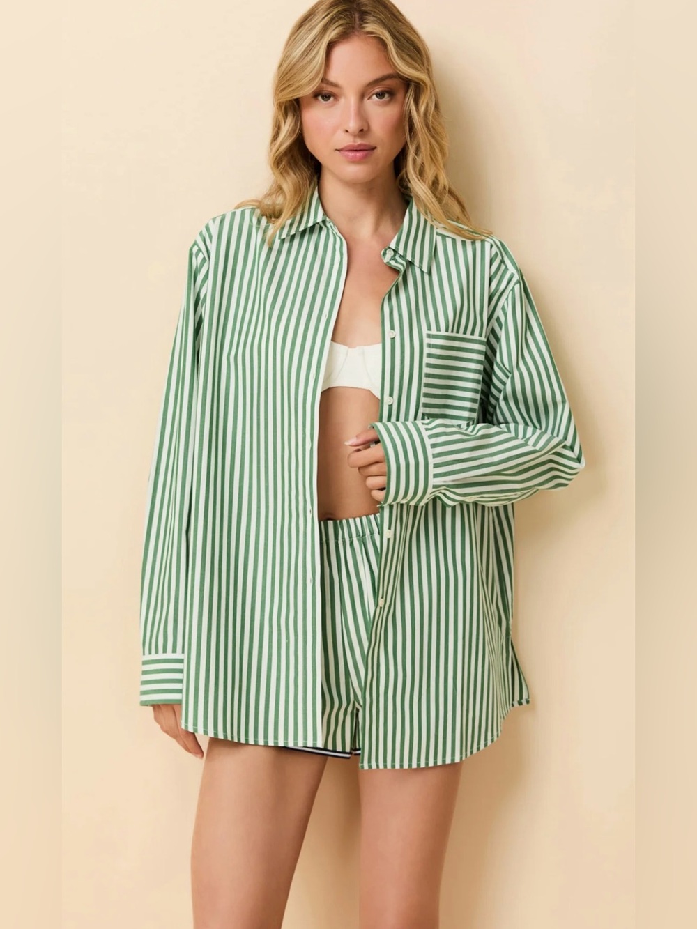 Avril Button Down Washed Green / Optic White Stripe